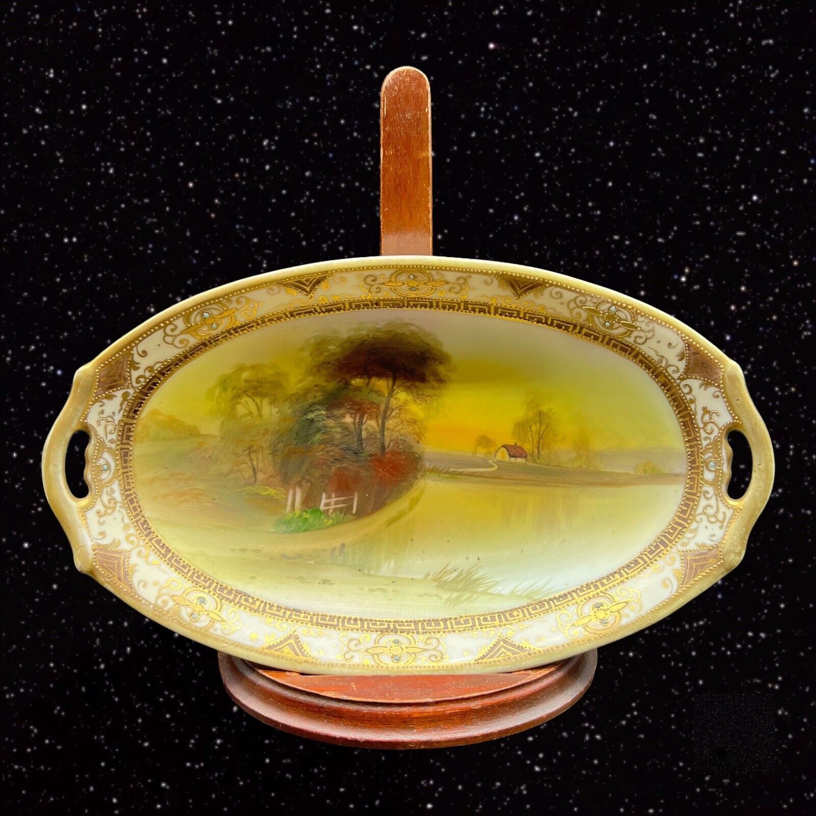 Nippon Hand Painted Scenery Oval Dish Bowl Plate Beaded Gold 1.5”T 8.5”W