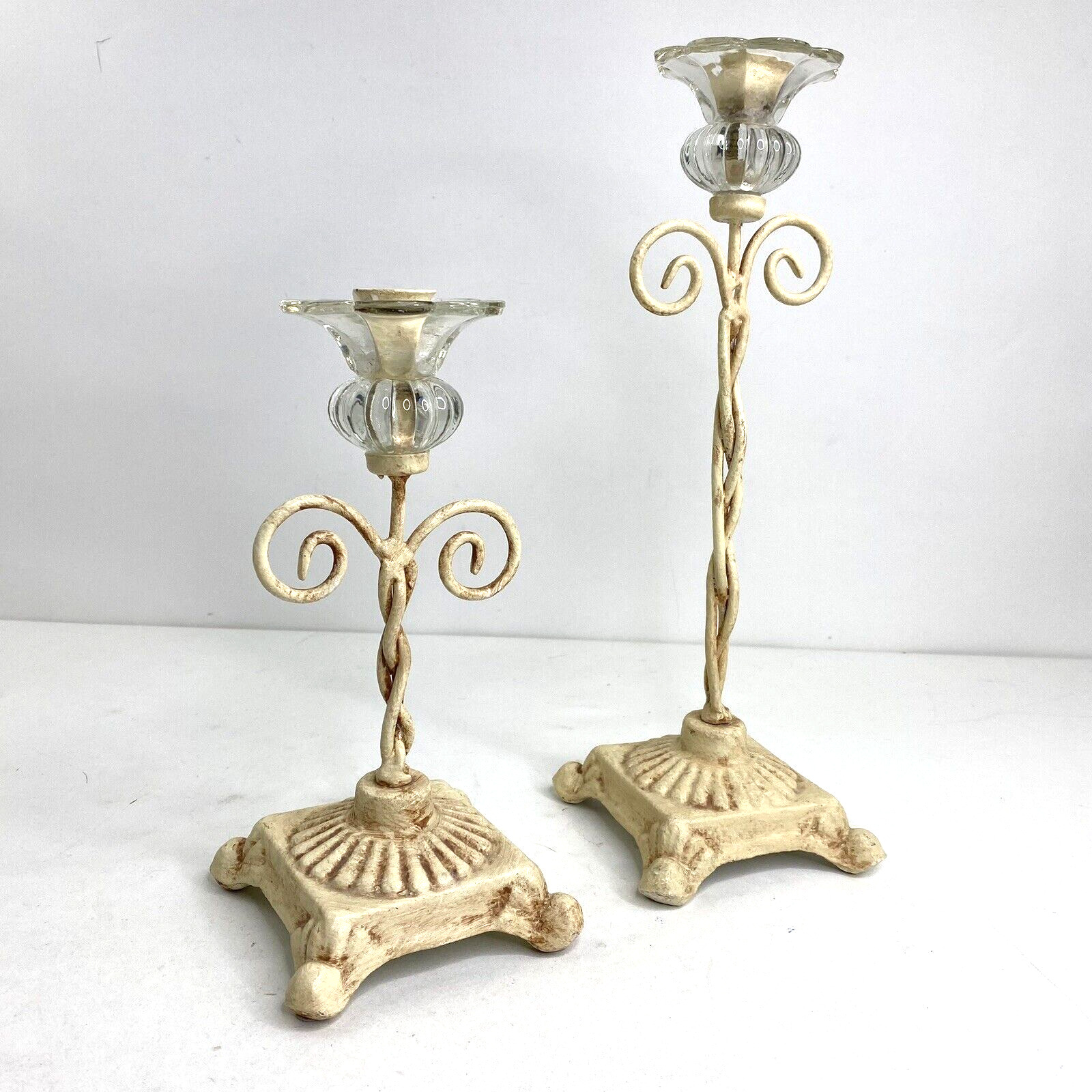 VTG Distressed Candle Holders Set of 2 Heavy Wrought Iron Off White For Tapers