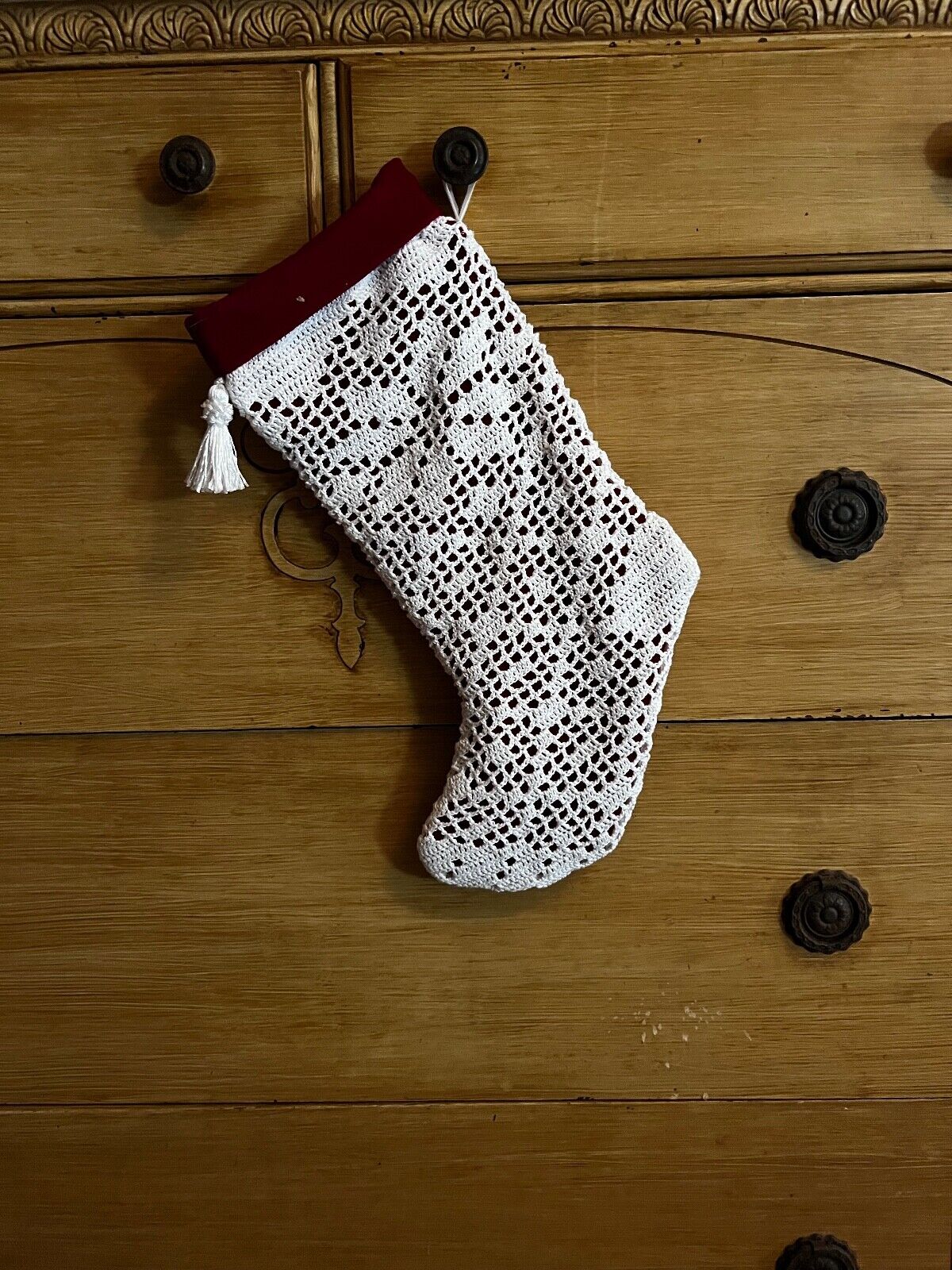 hand crocheted and red velvet christmas stocking