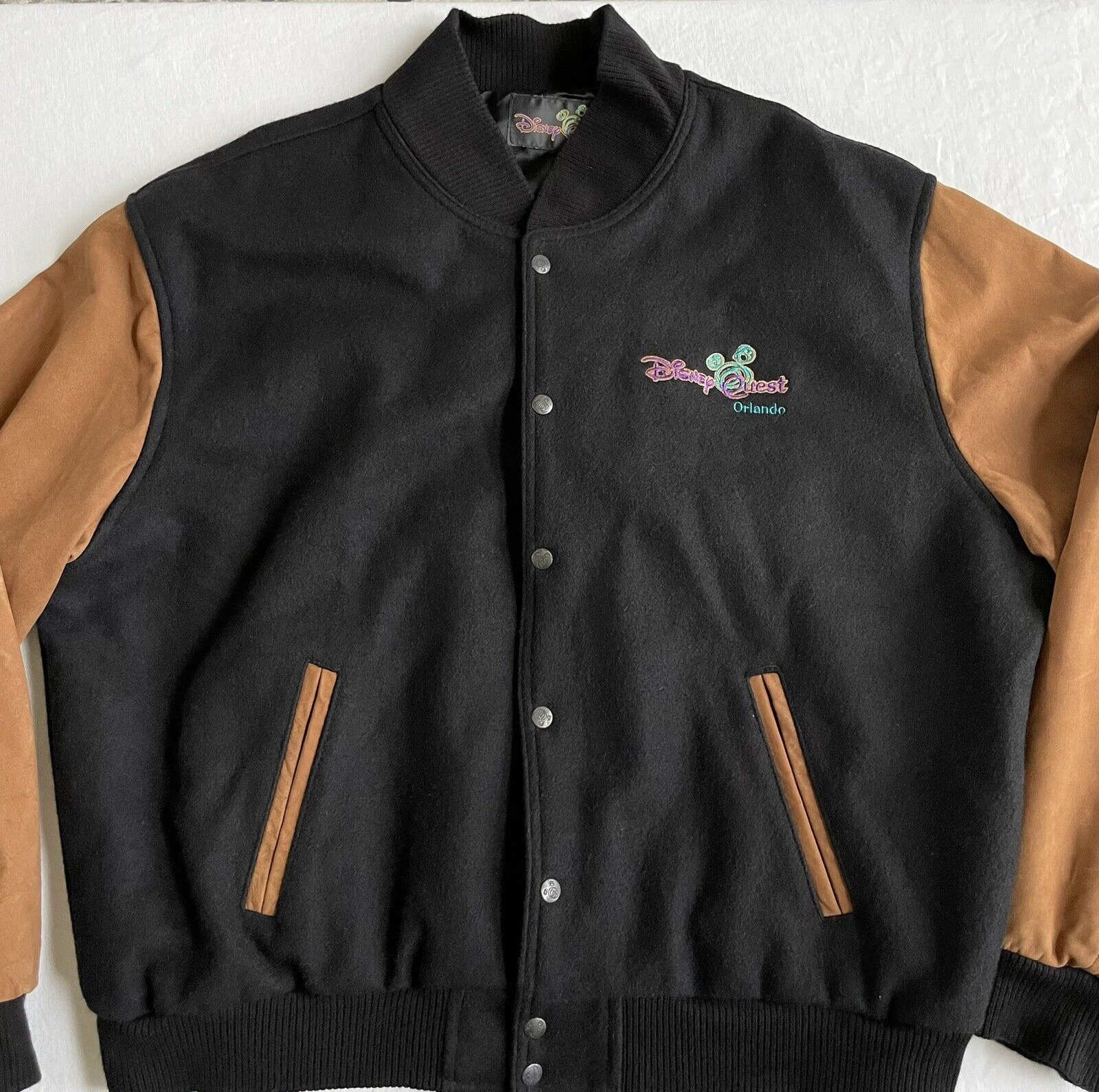 Vintage DISNEY QUEST Bomber JACKET 2XL Embroidered Wool Leather Disney Springs