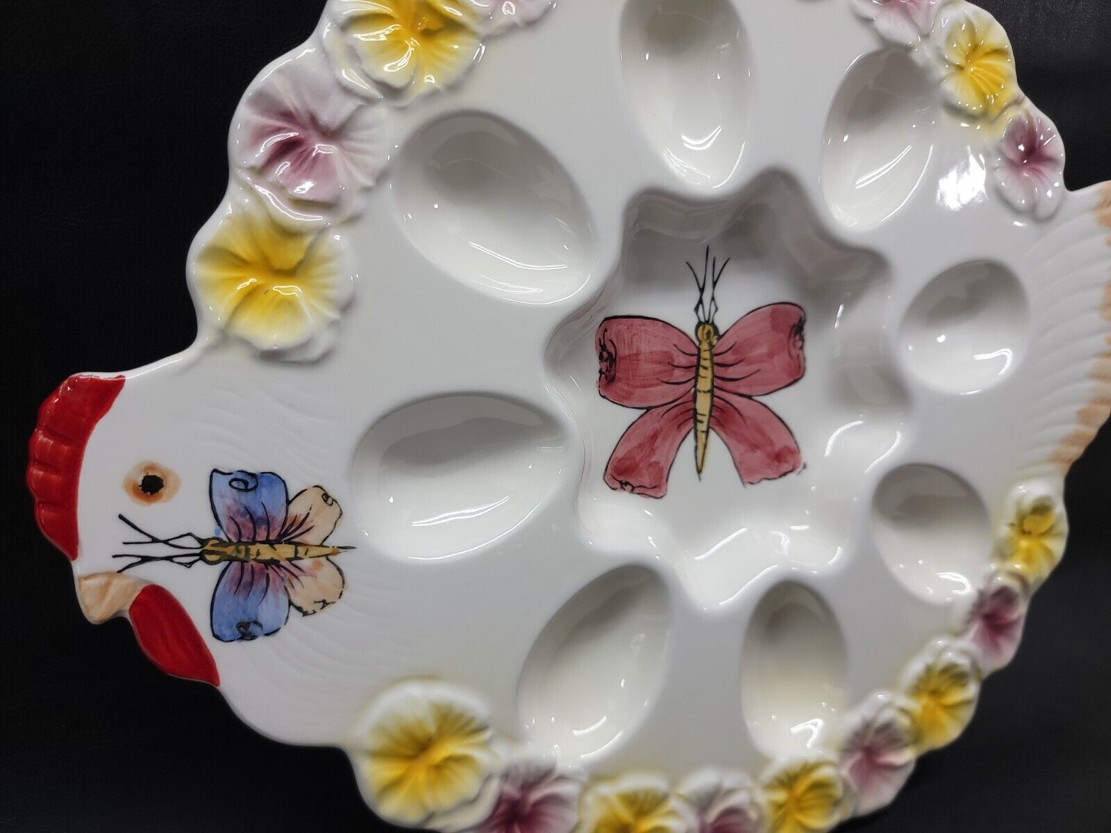 Vtg Deviled Egg Ceramic Platter Tray Chicken Hen Shape Butterflies Floral 8 Slot