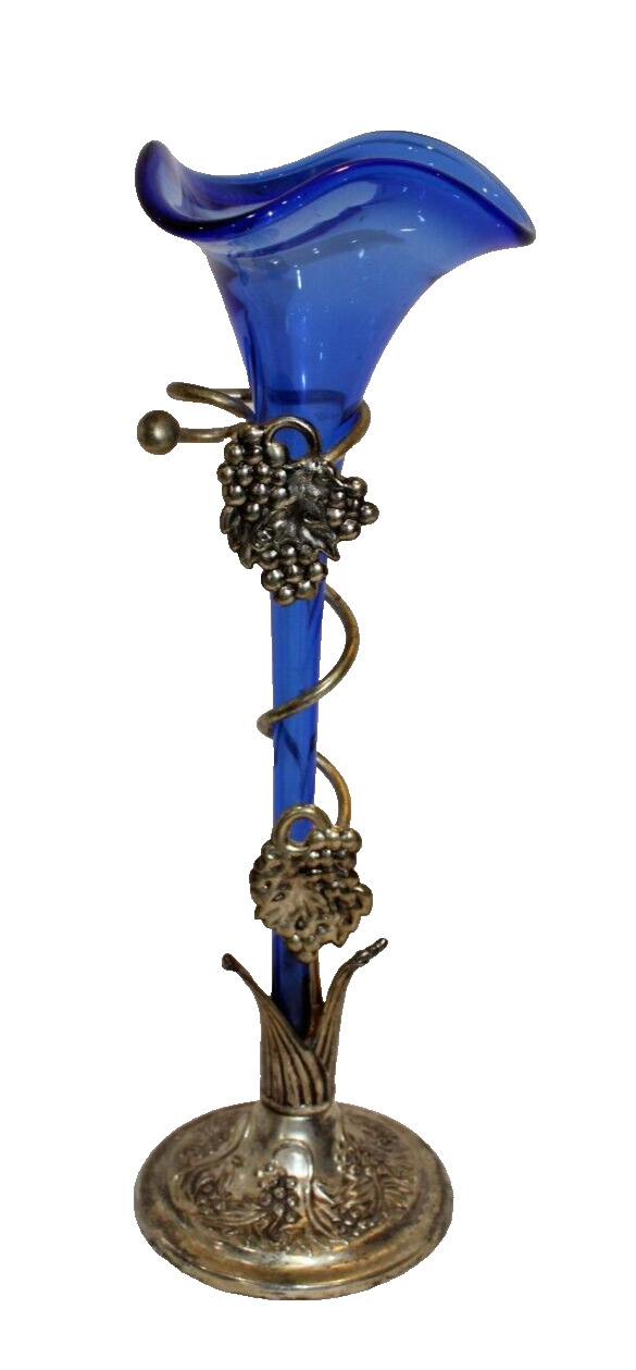 Flower vase colbalt blue hand blown glass metal grapes and grape leaf accents