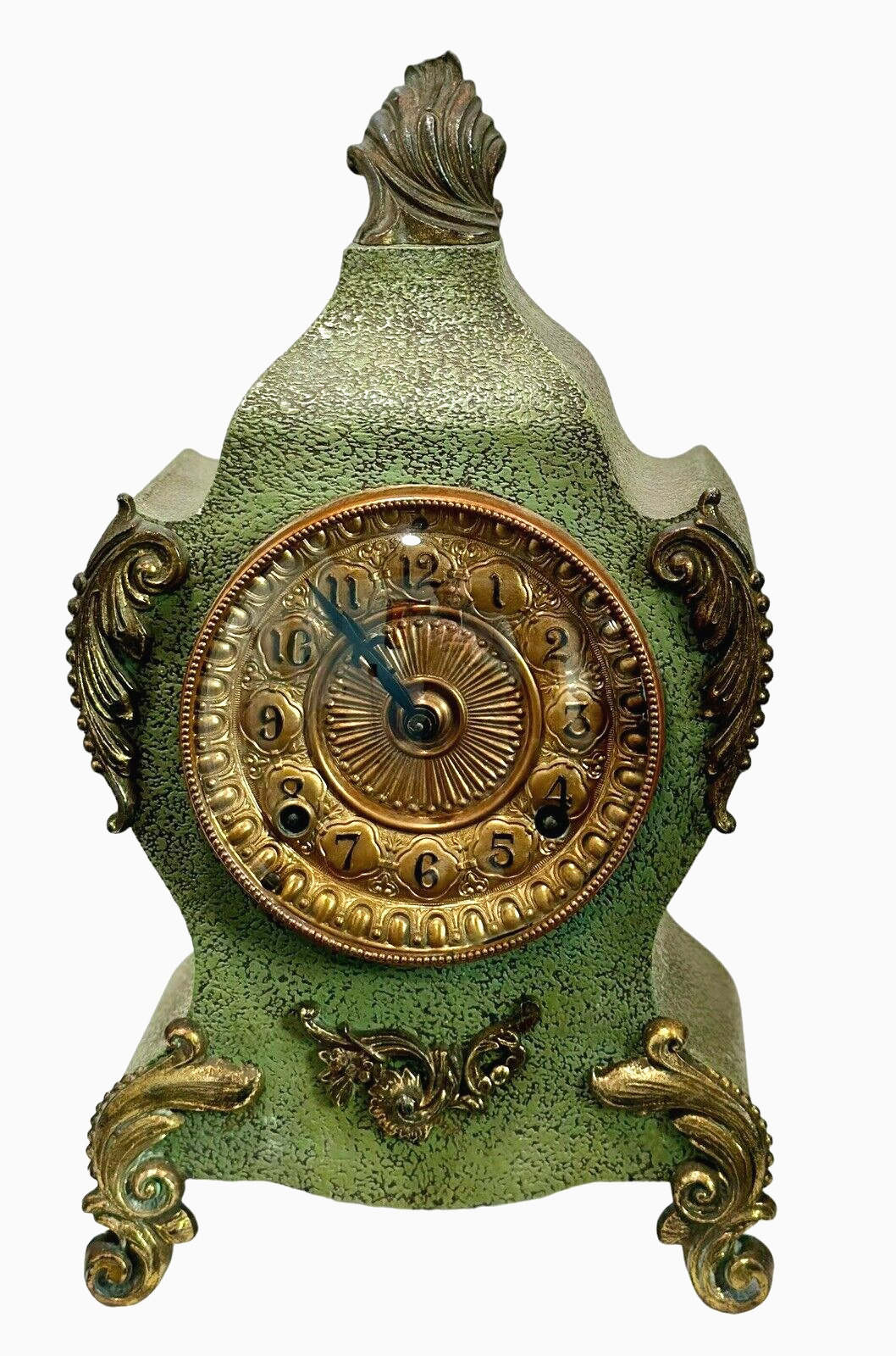 Antique Green Ansonia Cast Iron & Brass 8 Day Mantel Clock w/Key 1882 - Working