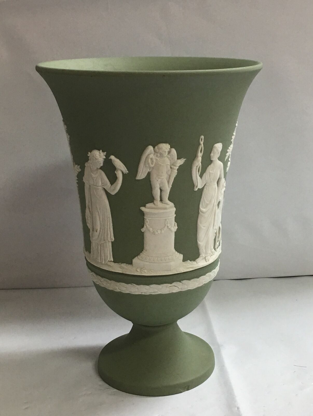 Wedgwood Green Jasper Ware Vase Urn with White Figures 7.5\