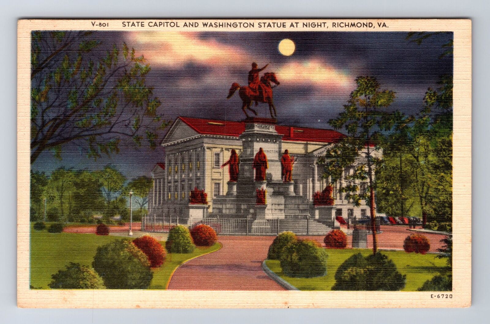 Richmond VA-Virginia State Capital & Washington Statue At Night Vintage Postcard