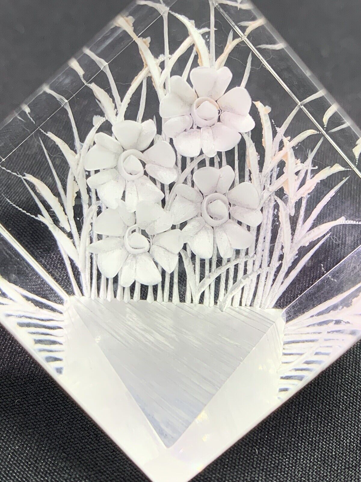 Vintage Reverse Carved Clear White Floral Lucite Square Mini Paperweight