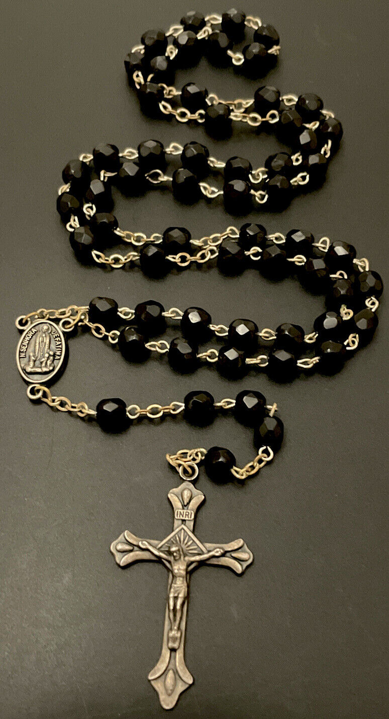 Catholic Black Glass 5 Decade Rosary, Silver Tone Crucifix