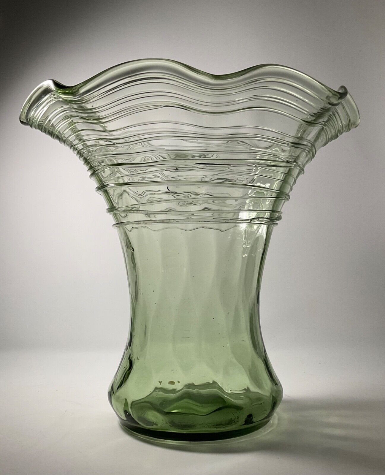 Antique Carder Era Stueben Spanish Green Threaded Optic Vase Acid Mark