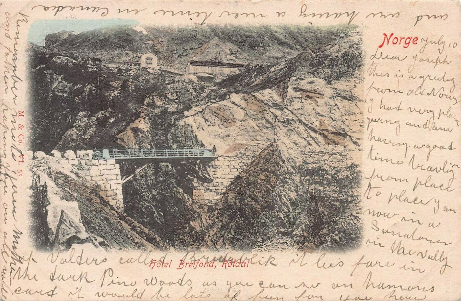 Hotel Breifond, Roldal, Norway, Early Postcard, Used in 1903, to Waterford, N.Y.