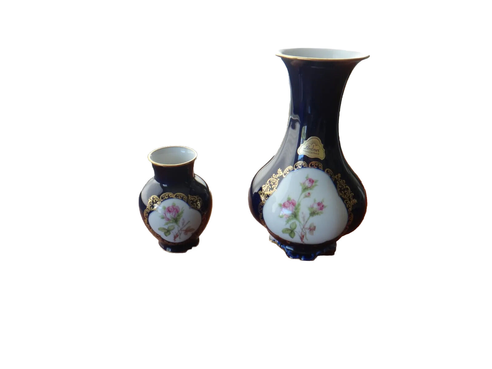 2 Vintage Lindner Porcelain Bavaria Etch Cobalt Vases Rare