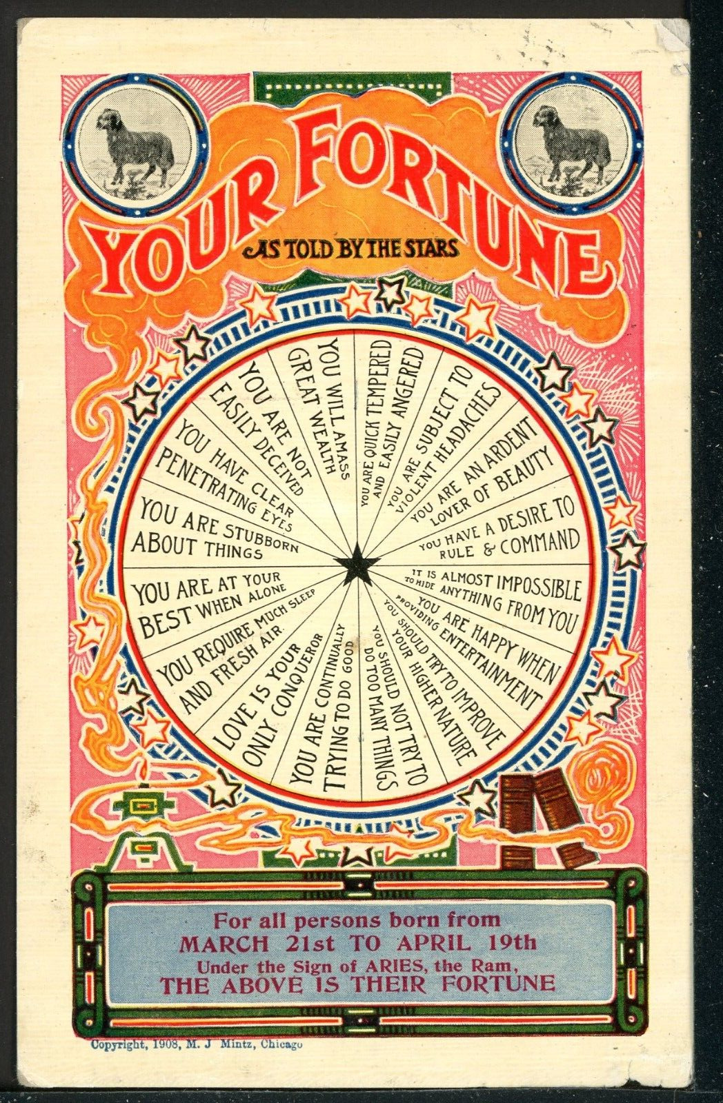 1910 Fortune Aries Astrology Vintage Novelty Humor Postcard
