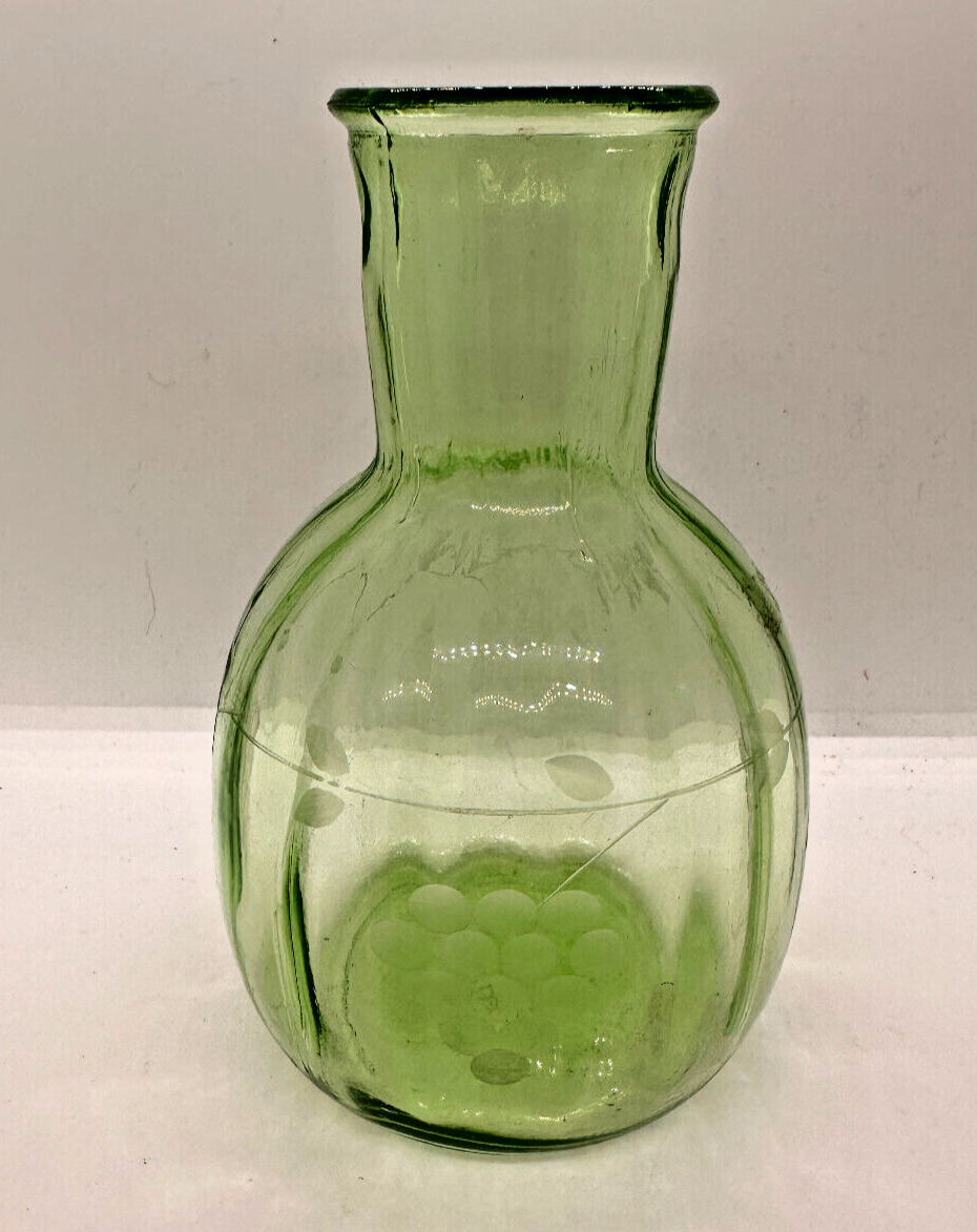 Vintage Green Glass Vase Etched Grapes Vaseline Depression Ribbed 5.75\
