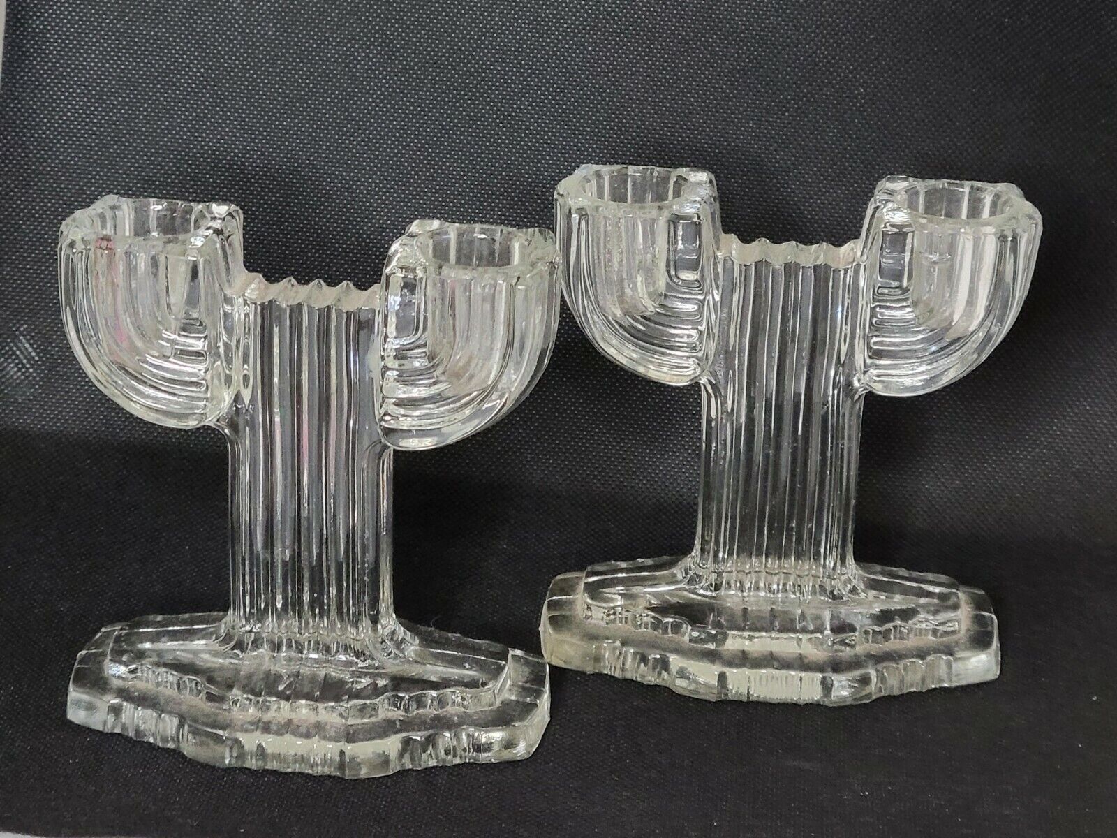 2 Antique Art Deco Glass Double Cactus Candelabra Candlestick Holder 4.5in