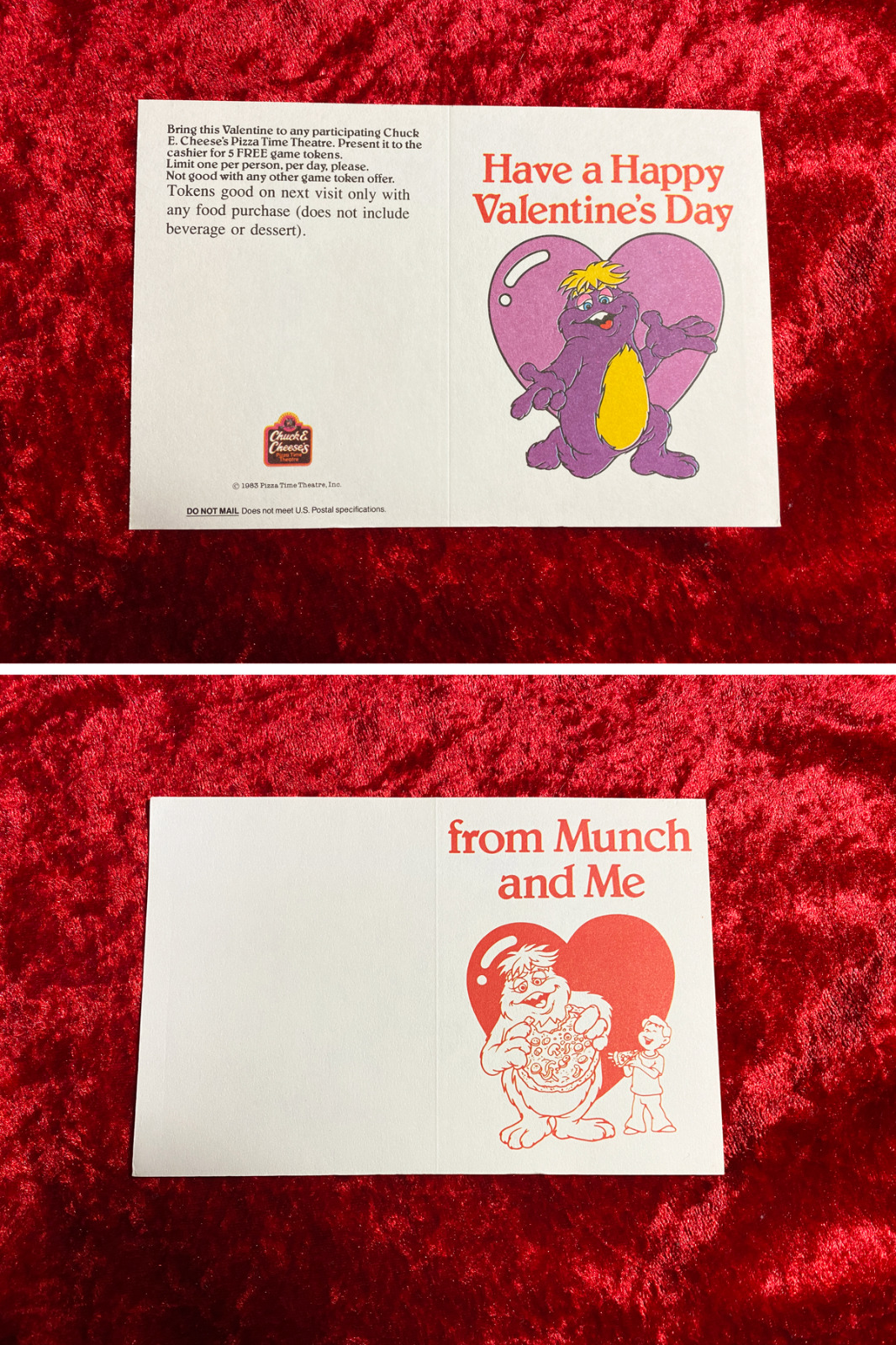 1983 Chuck E. Cheese's Pizza Time Theatre Valentine Cards, Unfolded - You Pick