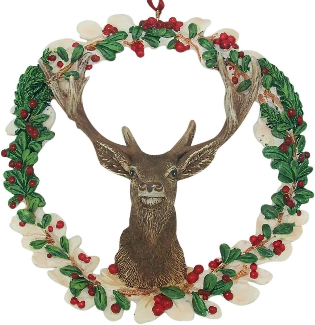Cast Resin Buck Deer with Wreath Hanging Christmas Tree Ornament, 4 1/4 Inch