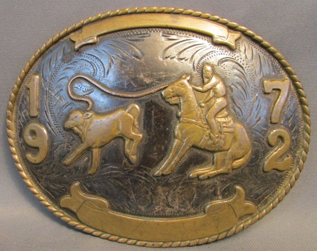1972 SILVER CALF ROPING TROPHY BELT BUCKLE COMSTOCK SILVERSMITHS COMSTOCK SILVER