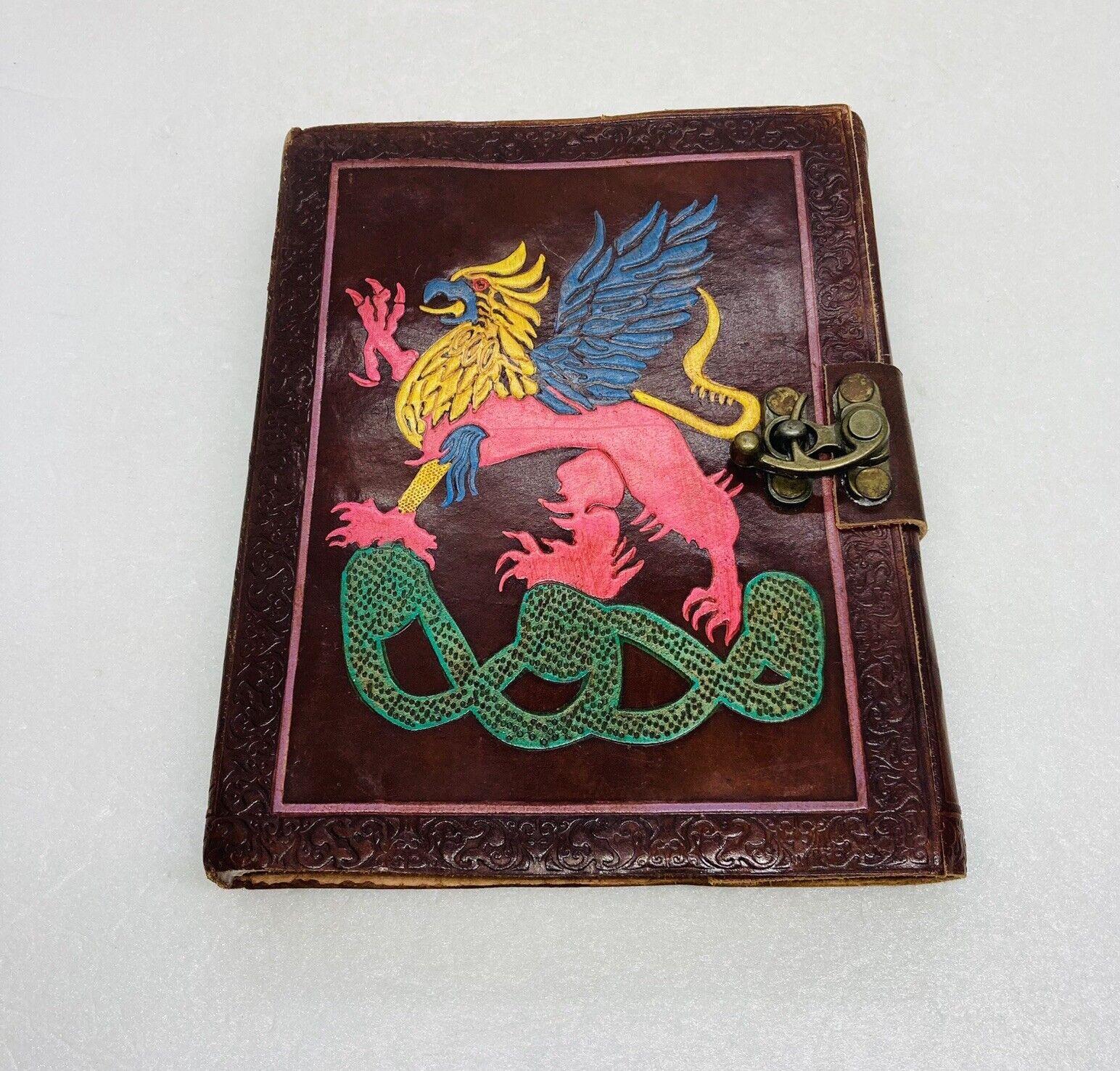 Very Rare Leather Bound Mythical Griffin Thick Art Paper Notebook Metal Latch C3