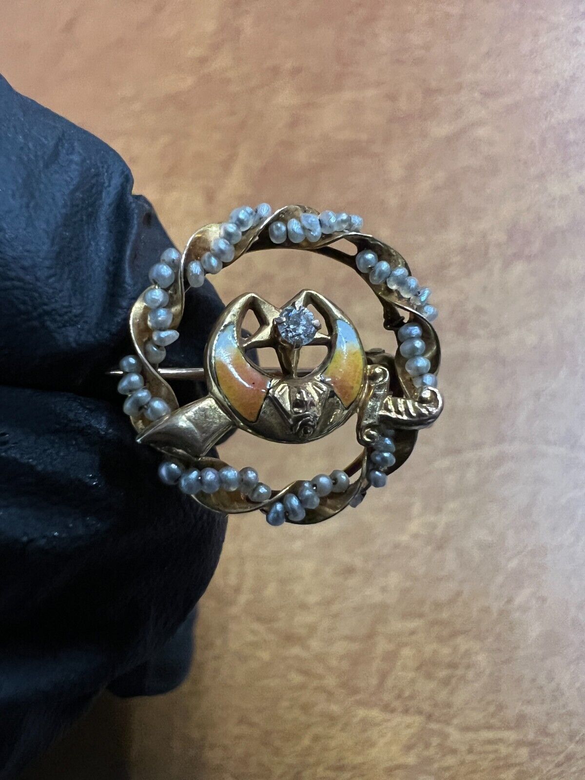 Antique Moolah Shriners\' Lady 14K Gold Seed Pearl Diamond Masonic Pin Brooch