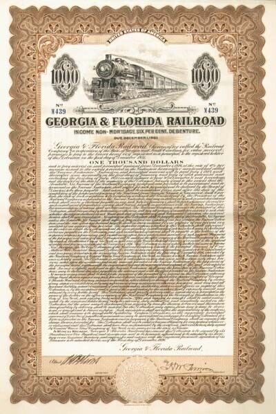 Georgia and Florida Railroad - $1,000 Bond (Uncanceled) - Railroad Bonds