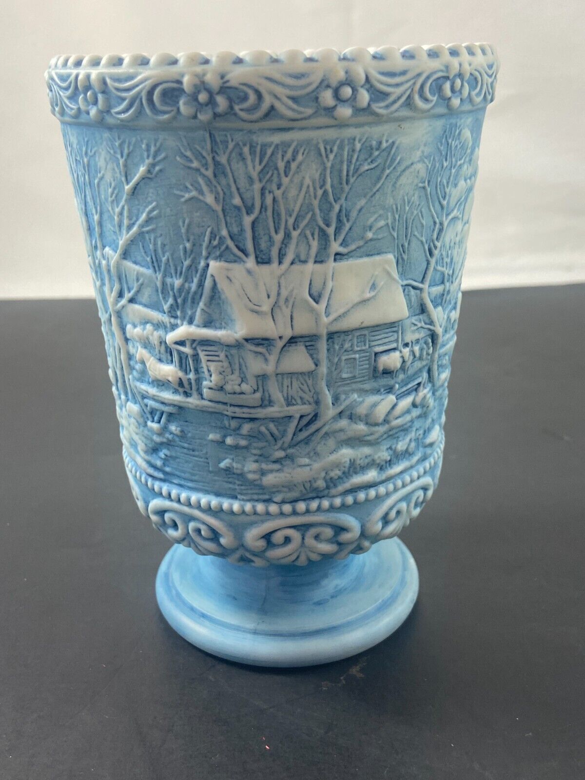 Vintage Fenton Milk Glass Footed Vase Old Homestead Scene Hand Painted Watson