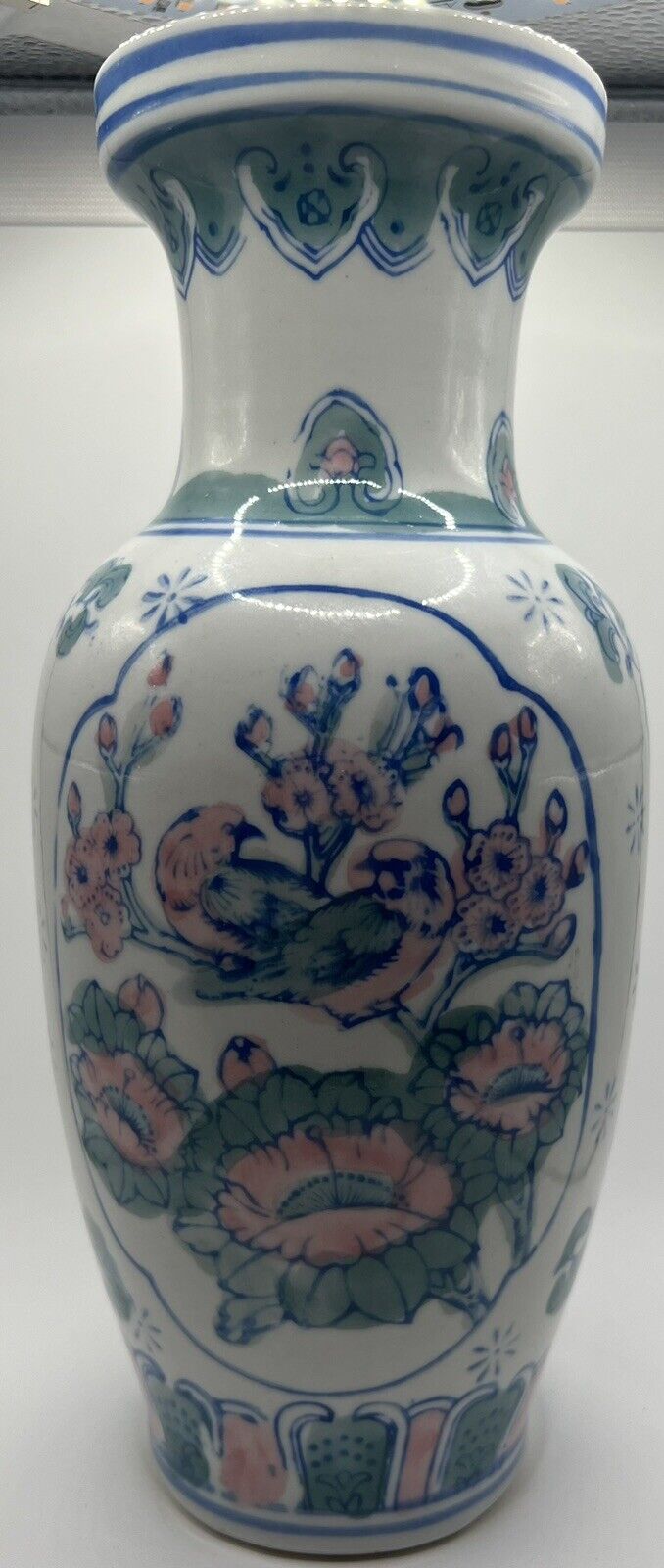 Vintage 80s Asian Multi Blue Grn Pink White Chinoiserie Jar Vase 10” Tall China