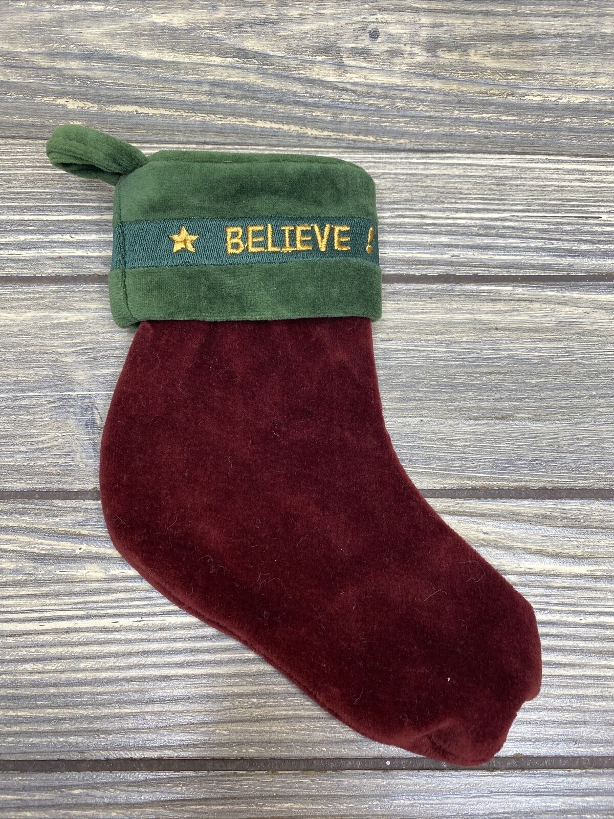 Vintage Green Maroon Christmas Stocking Gold Believe 8”