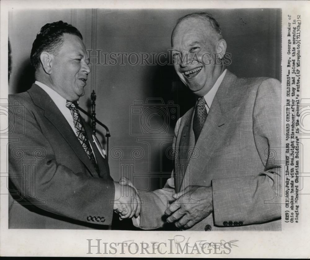 1952 Press Photo Rep.George Bender,Ohio shakes hands with Gen.Dwight Eisenhower