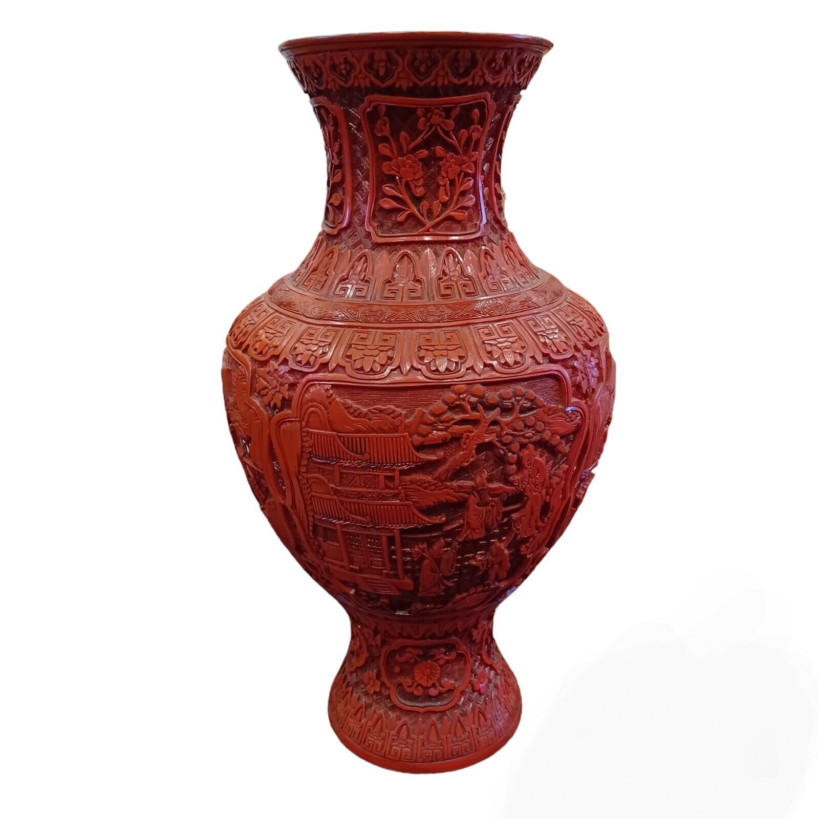 Chinese Red Cinnabar Style (Resin) Large Vase 18 X 10 X 10
