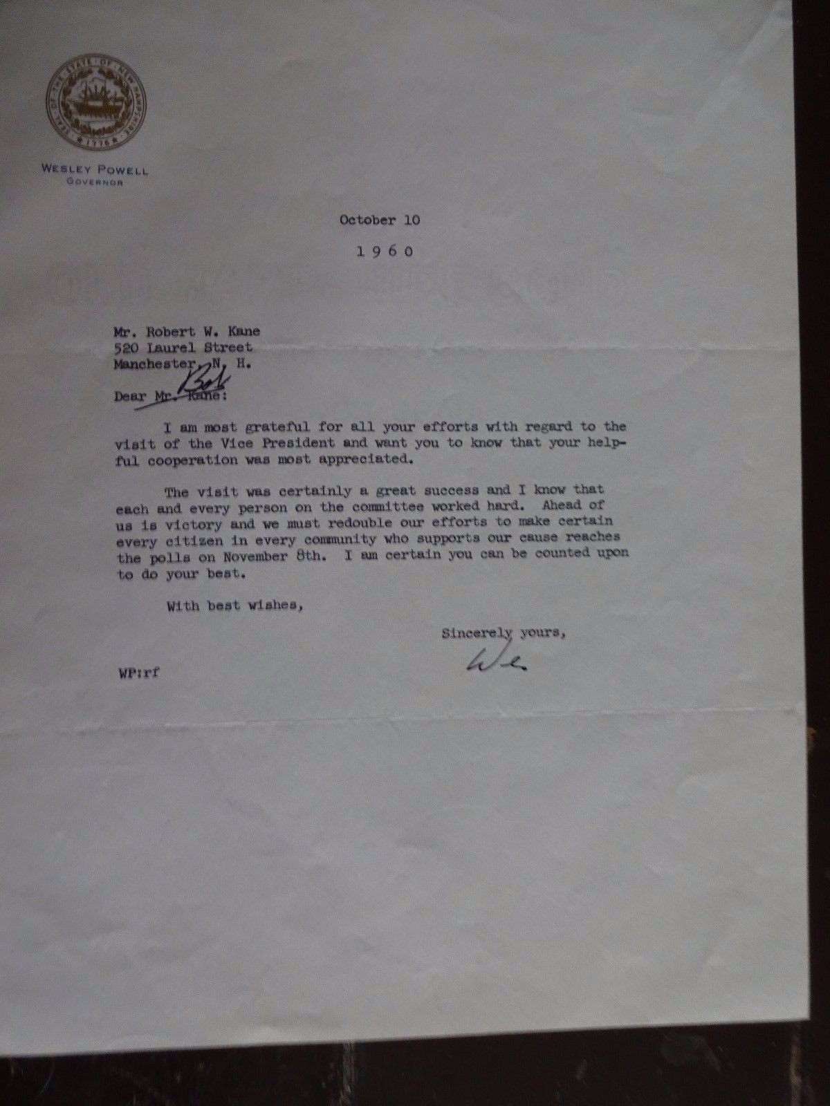 Wesley Powell/Gov. NH - ORIGINAL TYPED Letter - October 10, 1960