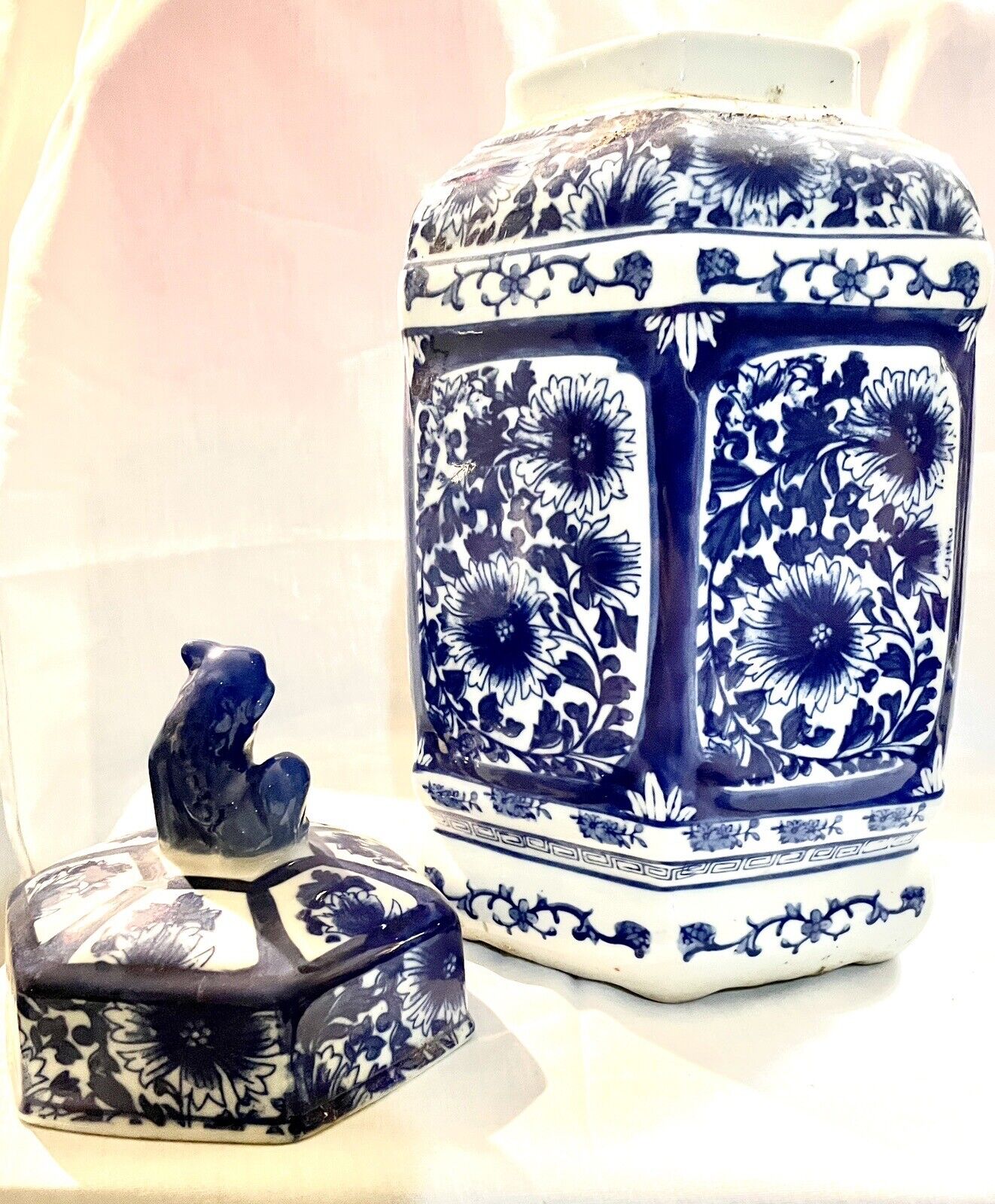 Large 17” Vintage Blue And White Porcelain Temple Jar 