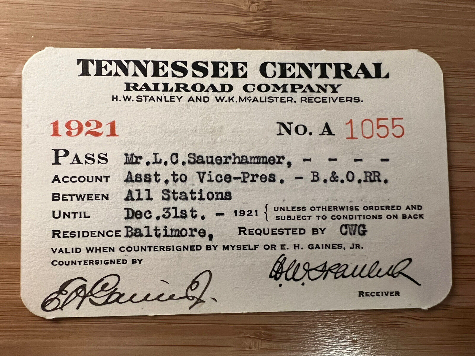1921 TENNESSEE CENTRAL RAILROAD COMPANY ANNUAL PASS ALL STATIONS - HH109
