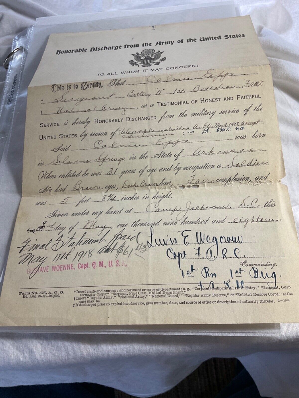1335 WWI CAMP JACKSON DISCHARGE 1918 COLUMBIA SC SERGEANT FA NATIONAL ARMY