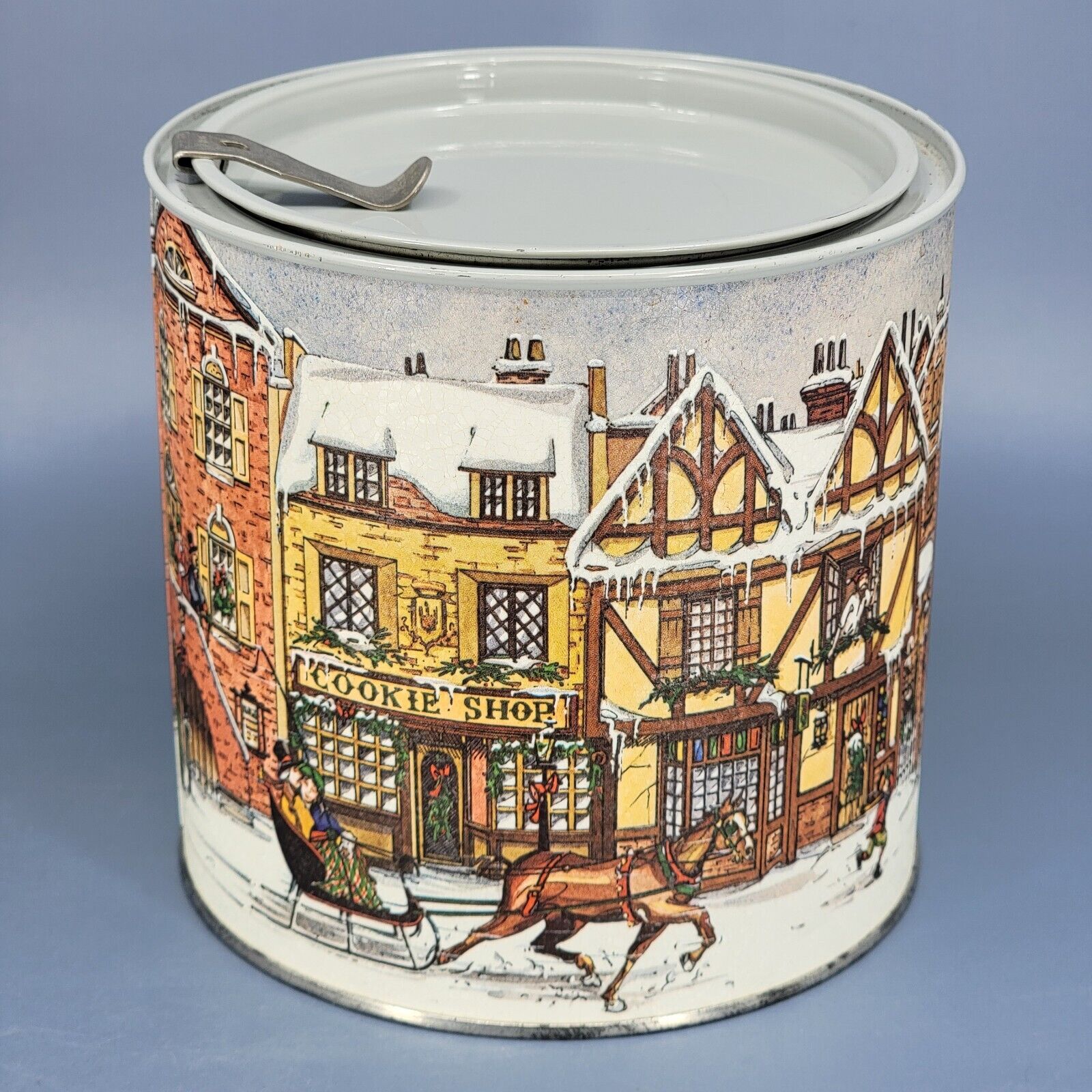 Vintage Holiday Cookie Biscuit Candy Tin Canister Winter Scene w/ Pull Tab