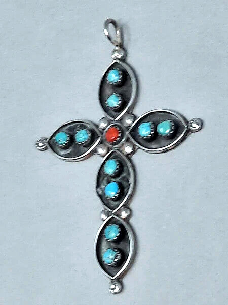 Large Vintage Navajo Sterling Silver Red Coral & Turquoise Cross Pendant