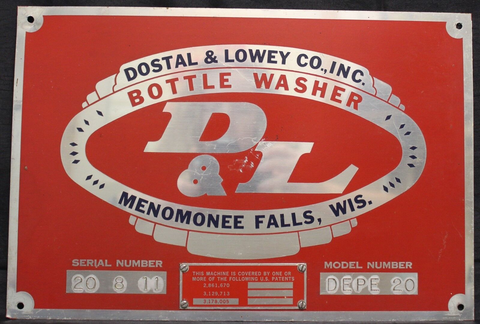 1960\'s -70\'s Dostal & Lowey  Co., Inc. Bottle Washer Approval Metal Plaque