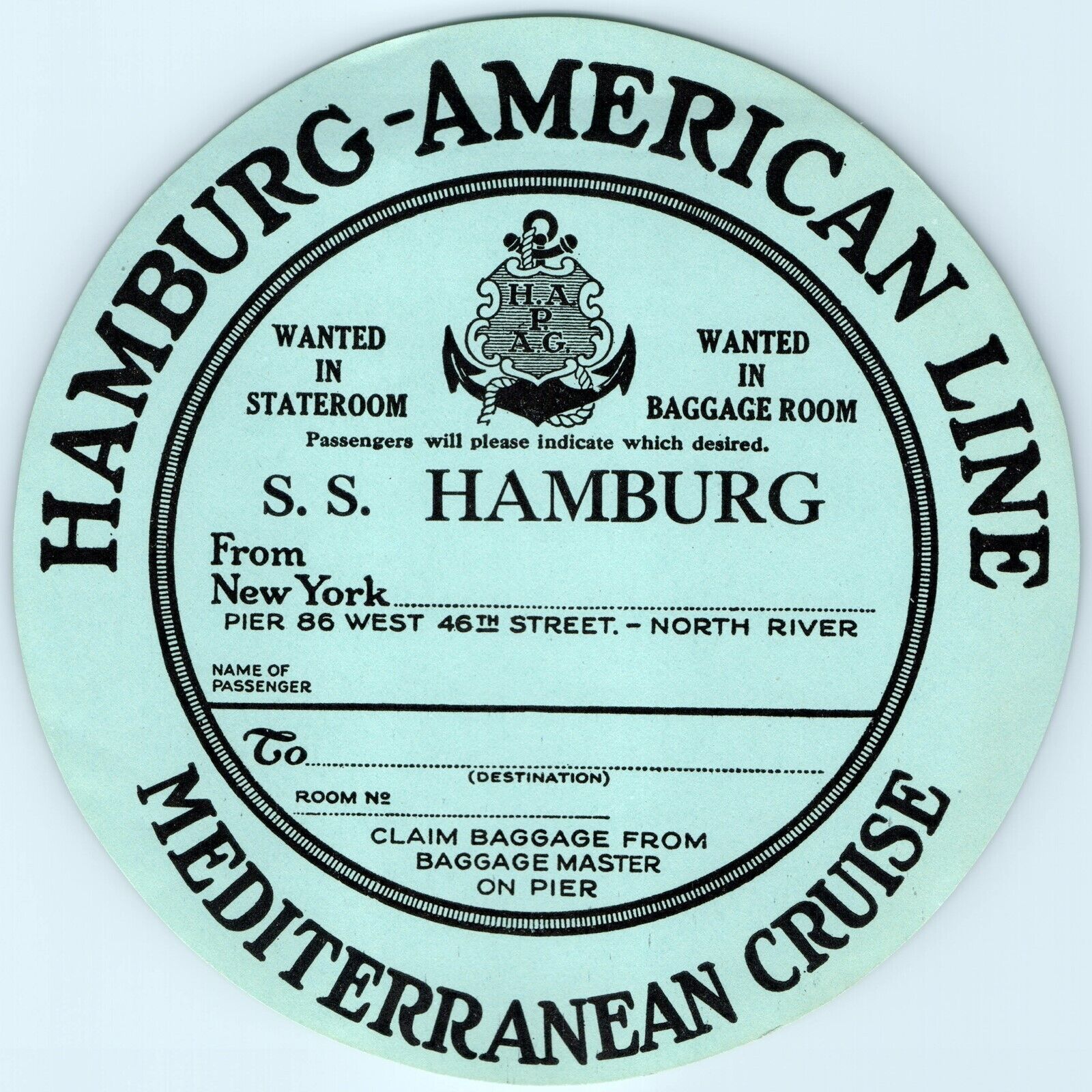c1930s SS Hamburg American Line Luggage Label Mediterranean Cruise Steamship 2C