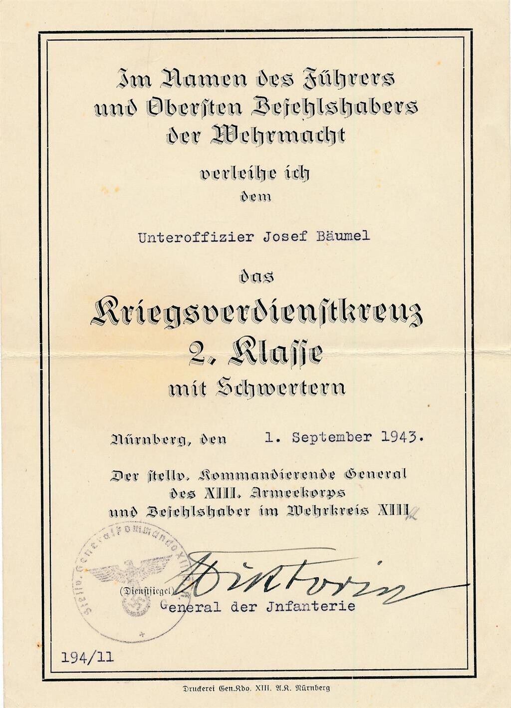 Mauritz von Wiktorin- Signed German Document from 1943