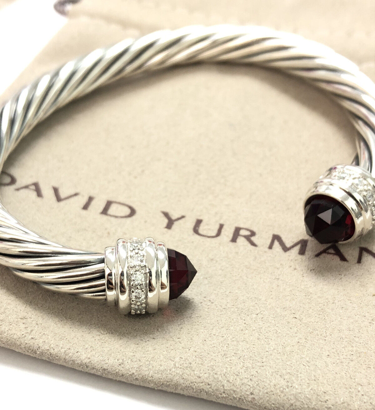 David Yurman Silver 7mm Cable Classic Garnet & Diamonds Bracelet size M