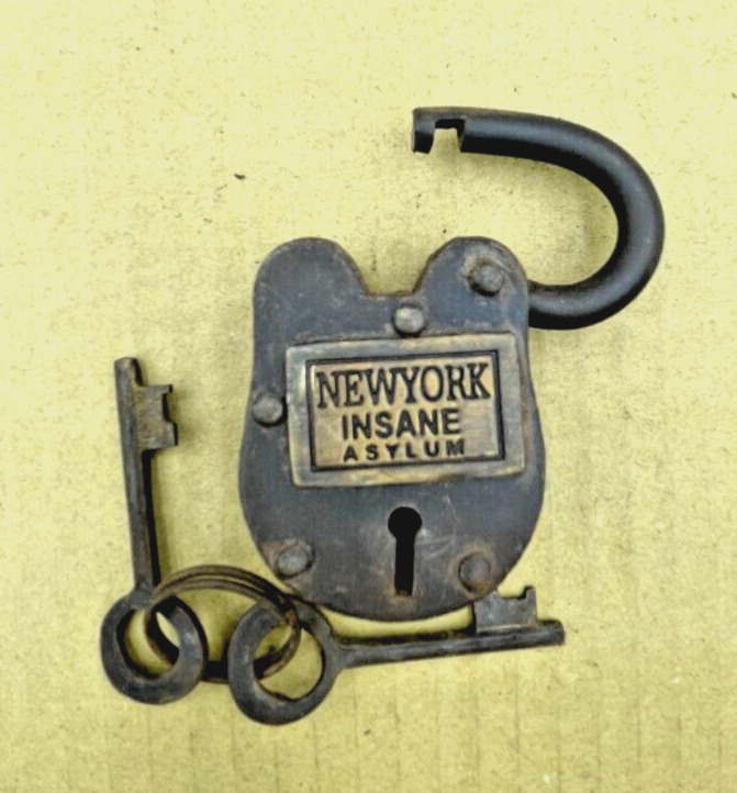 Small Padlock Antique Rustic Finish Steel Lock w/ 2 Keys New York Insane Asylum