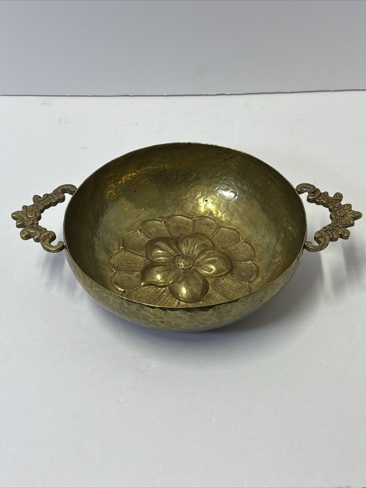 Vintage Brass Bowl with Handles Embossed Floral Pattern