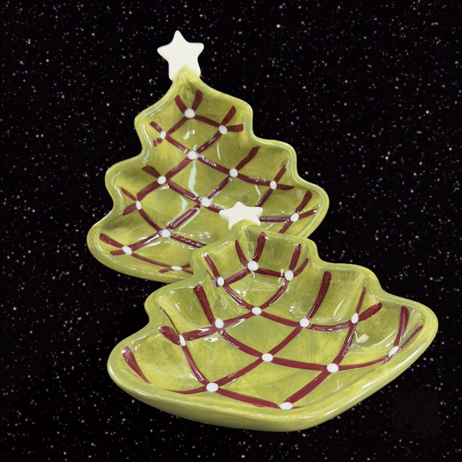 Pottery Barn Seasons Greetings Christmas Tree Serving Plates Dish Ceramic Set 2