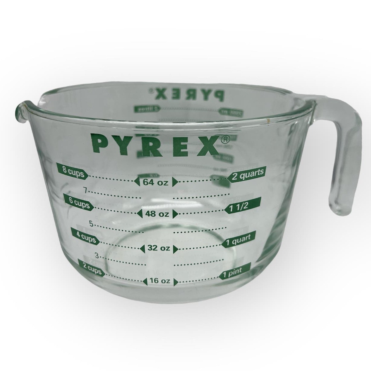 Vintage Glass Pyrex 8 Cup 2 Qt 2 L Large Measuring Cup Green Print Made In USA