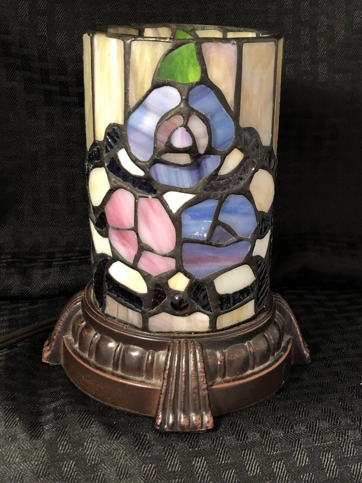 Tiffany Style Vtg Stained Glass Lamp Floral Flower Metal Base Night Light