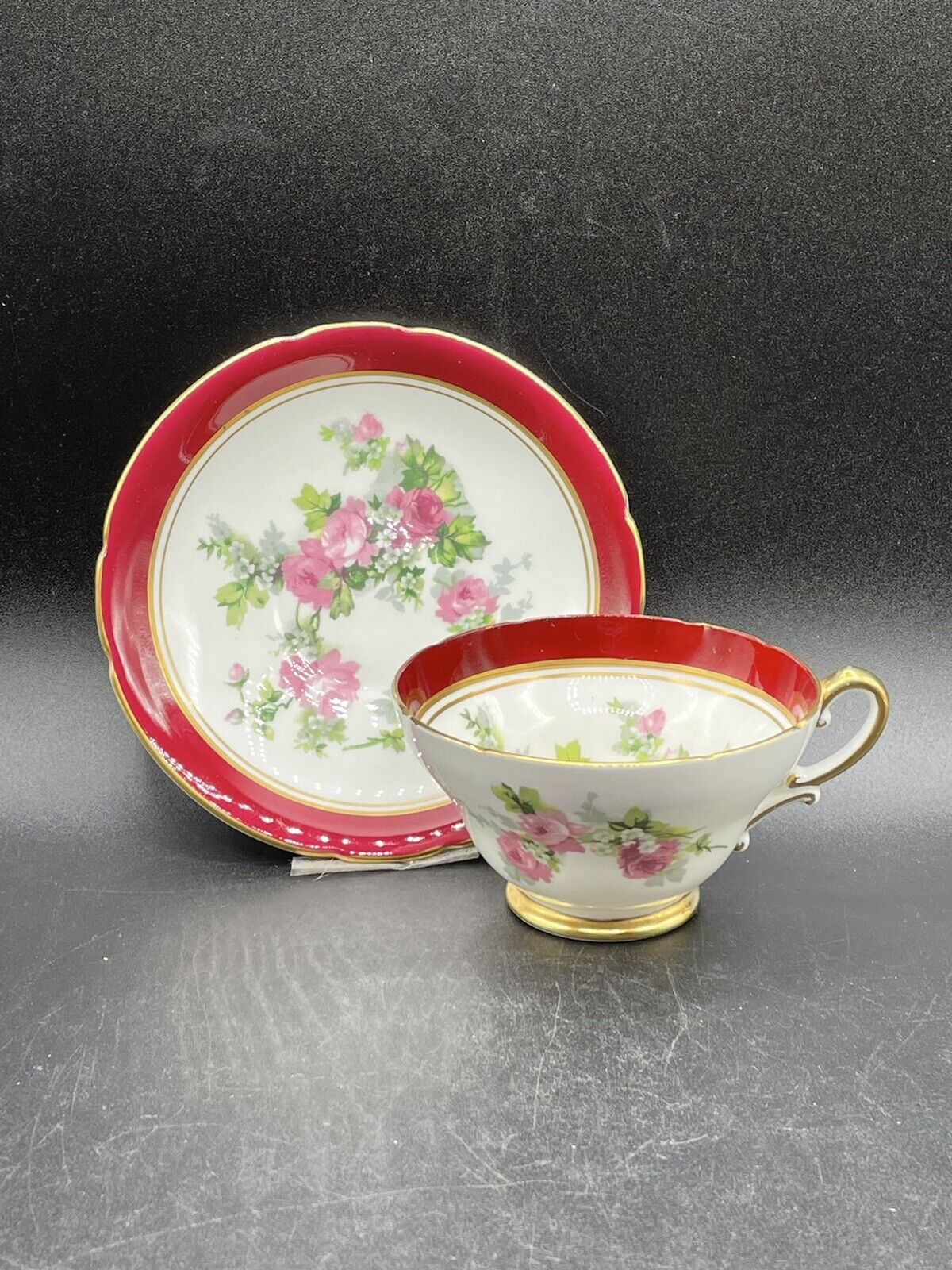 Stanley Tea Cup Saucer Pink Rose Vintage White Gold Red England