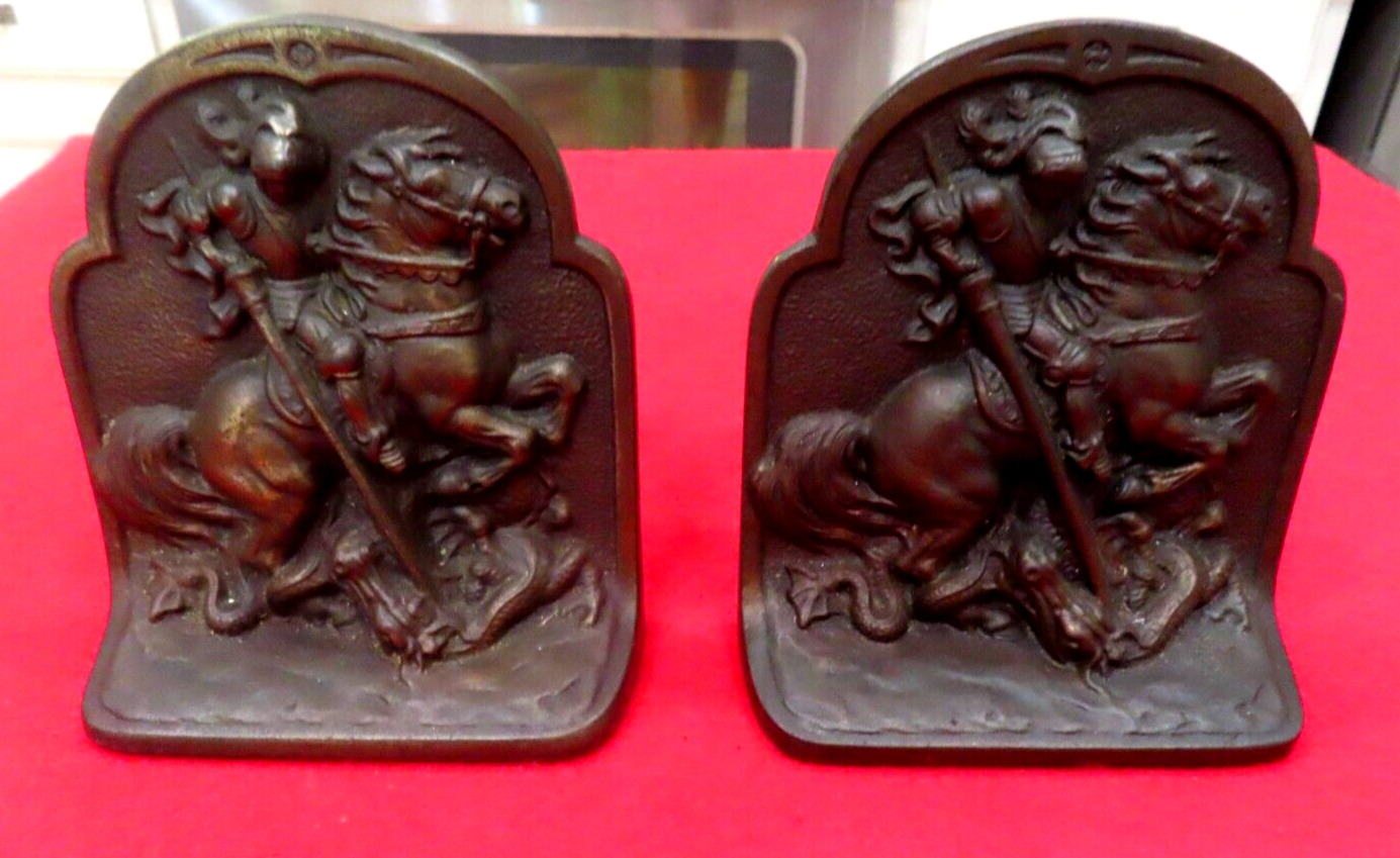 Antique Signed  Hubley Cast iron Sir George and Dragon #312 Bookends L4.24