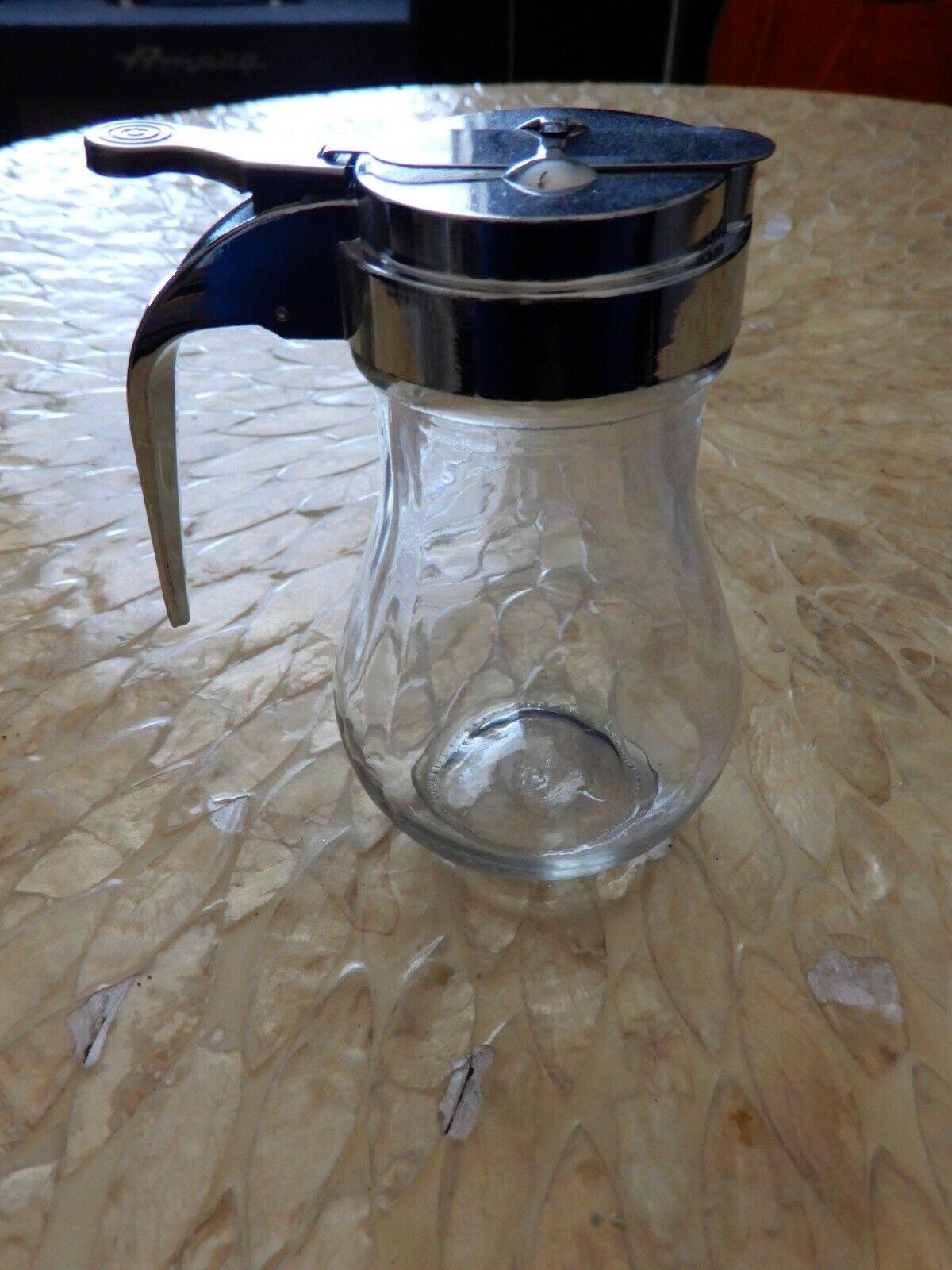 Diner Syrup Pitcher Dispenser Glass Metal Lid Handle Sliding Pour Spout
