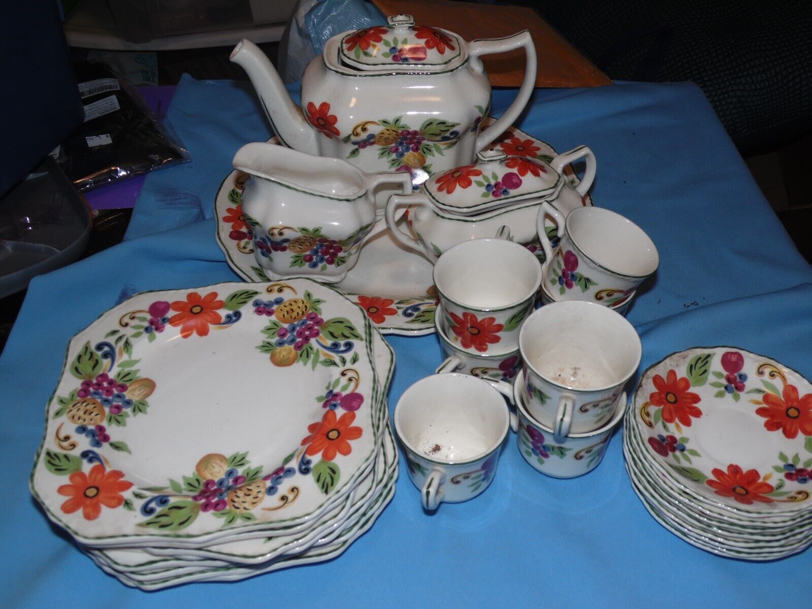 Vintage Steubenville China - 28 Pieces - Harvest Fruit Floral Teapot Cups Saucer