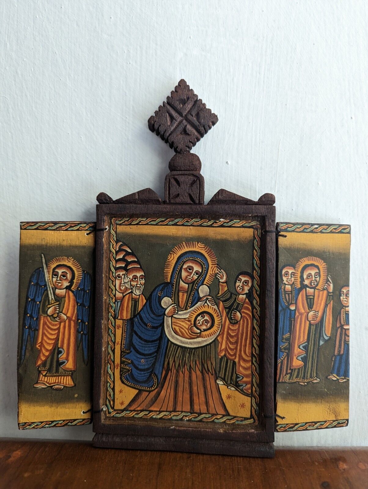 Vintage Ethiopian Wooden Icon with Cross Hand Painted Ethiopia African Art