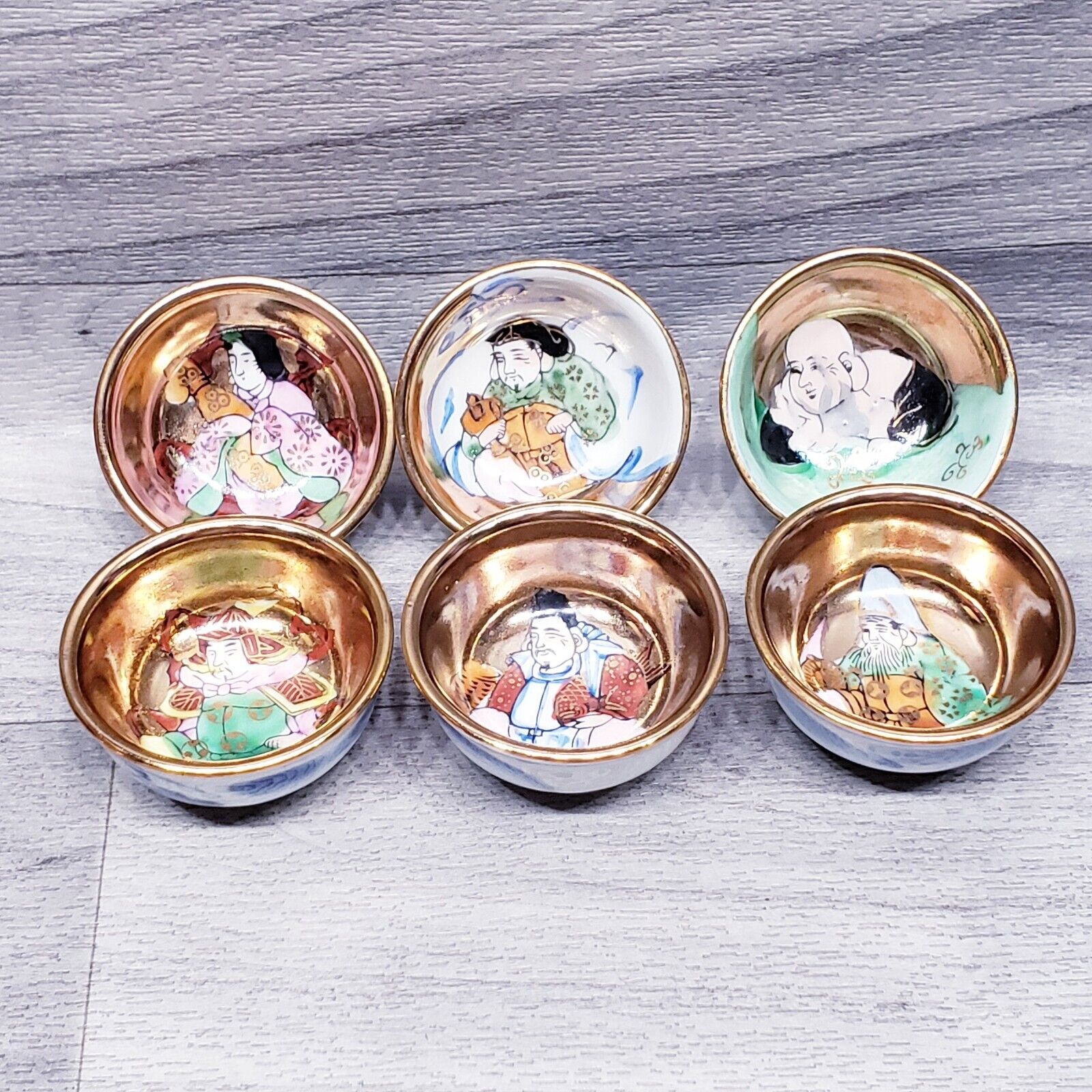Sake Cup Set Of 6 Lucky Gods Japanese Porcelain Vintage