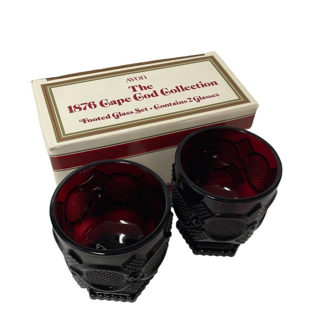 Avon 1876 Cape Cod Collection Footed Glass Set Dark Red Set Of 2 New In Box